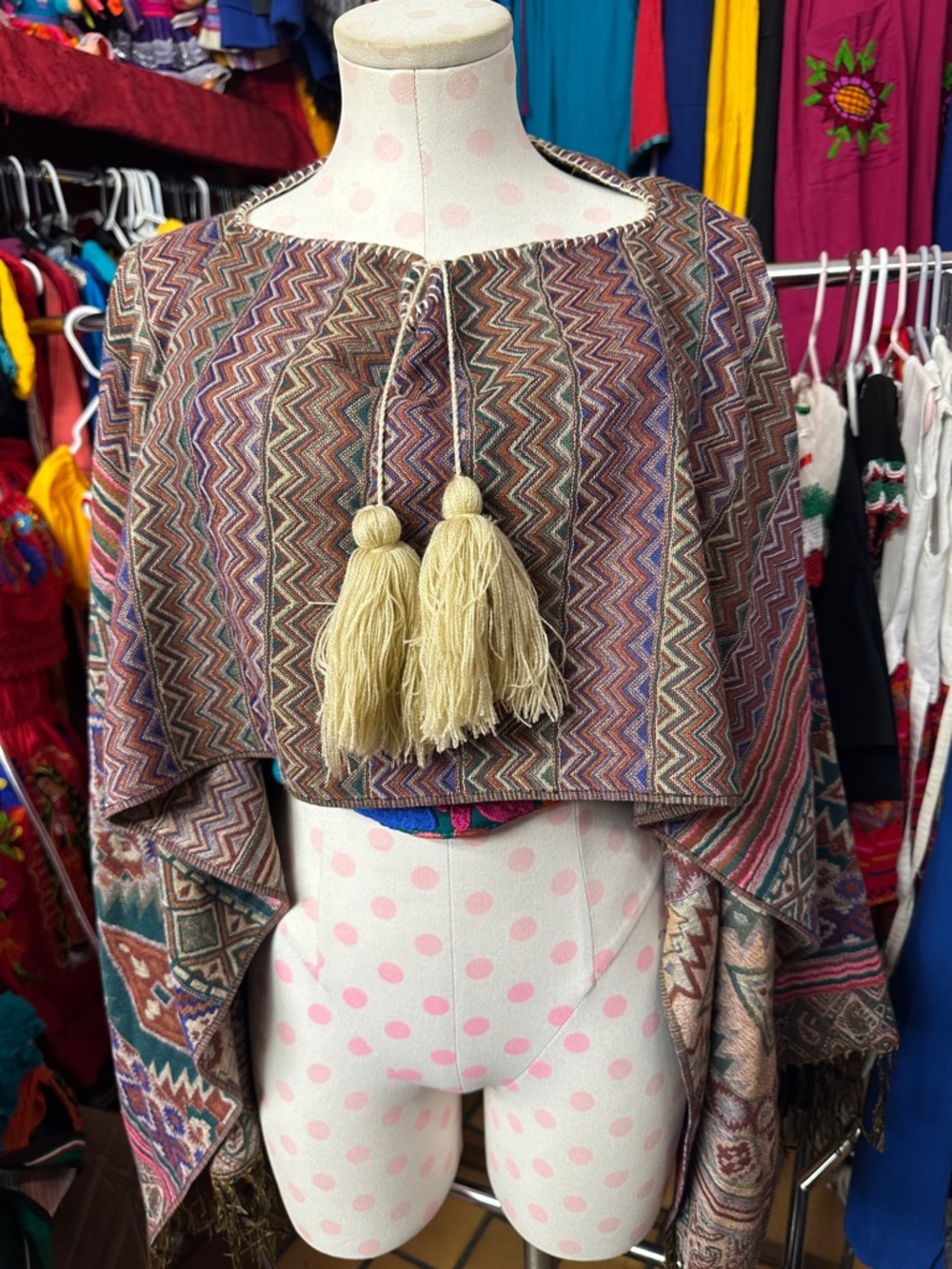 Multicolor Zigzag Pattern Tassel Poncho